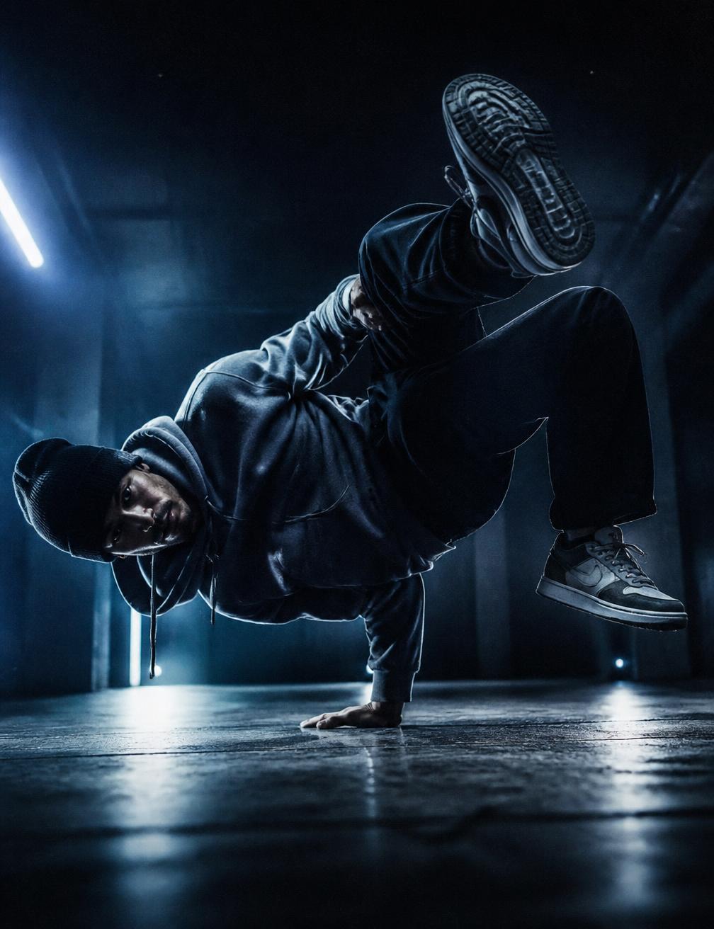 Breaker holding a one-hand freeze on a dark floor